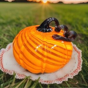 Hand Blown Art Glass Pumpkin Orange Swirl With Curled Purple Stem Fall Halloween